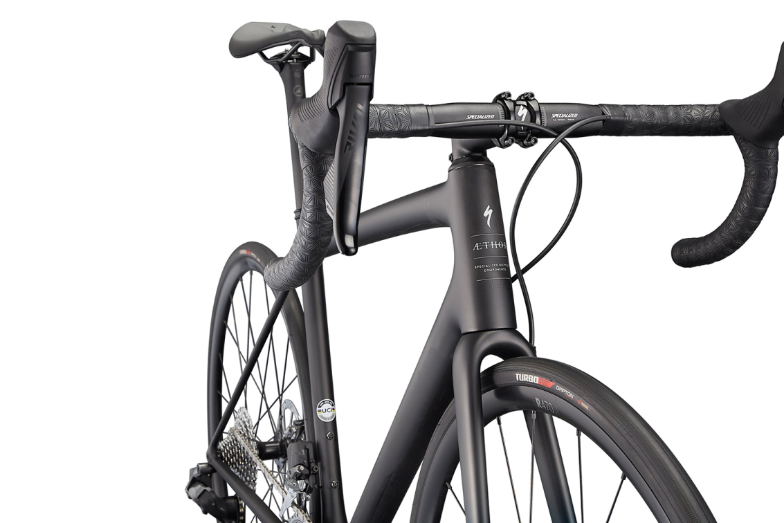 Шоссейные велосипеды Specialized Aethos Comp 2022 Satin Carbon/Teal Tint Fade/Flake Silver Артикул 97222-5149, 97222-5152, 97222-5161, 97222-5154, 97222-5156, 97222-5158