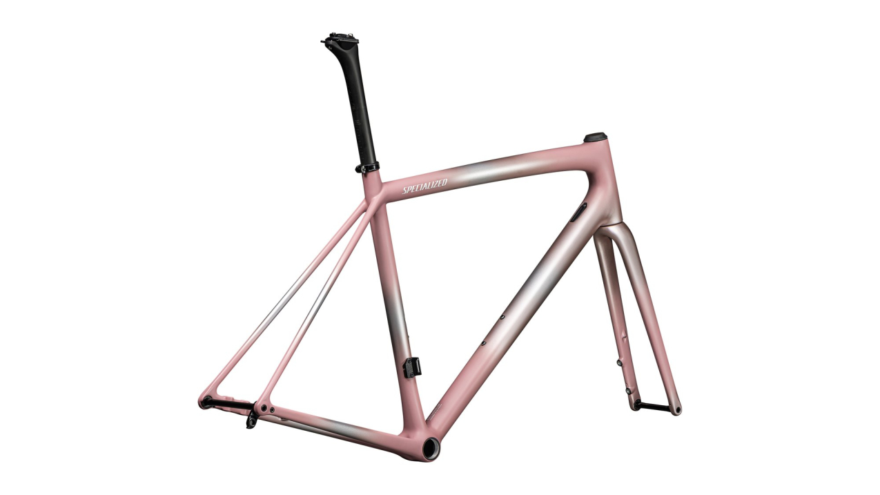 Рамы шоссе, гревел рама Specialized Aethos 2025 Satin Flake Silver / Dusky Pink + Champagne Radial Fades / Dune White Артикул 77225-7049, 77225-7052, 77225-7054, 77225-7058, 77225-7056, 77225-7061