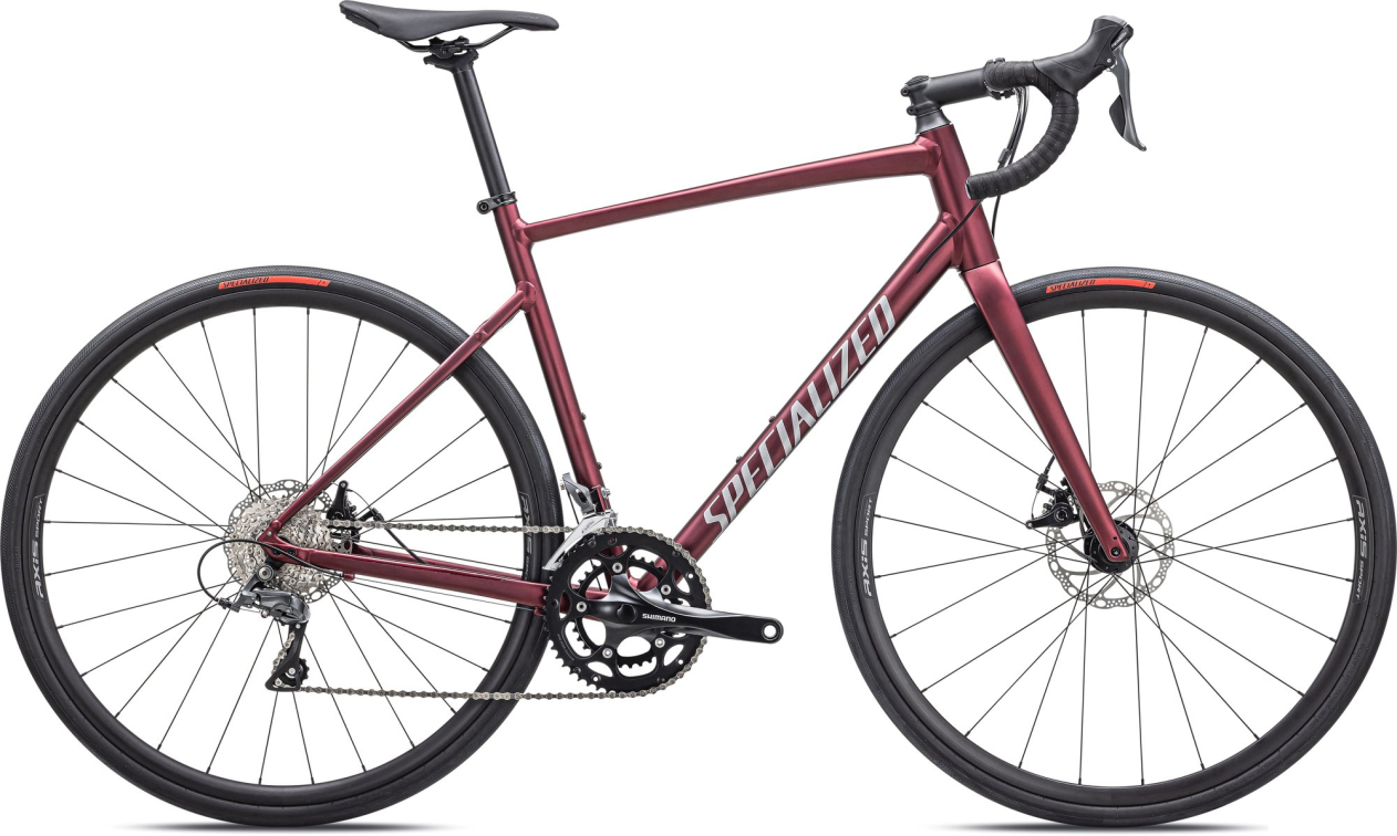 Шоссейные велосипеды Specialized Allez E5 2025 Satin Maroon / Silver Dust / Flo Red Артикул 90025-7249, 90025-7261, 90025-7258, 90025-7254, 90025-7256, 90025-7252, 90025-7244
